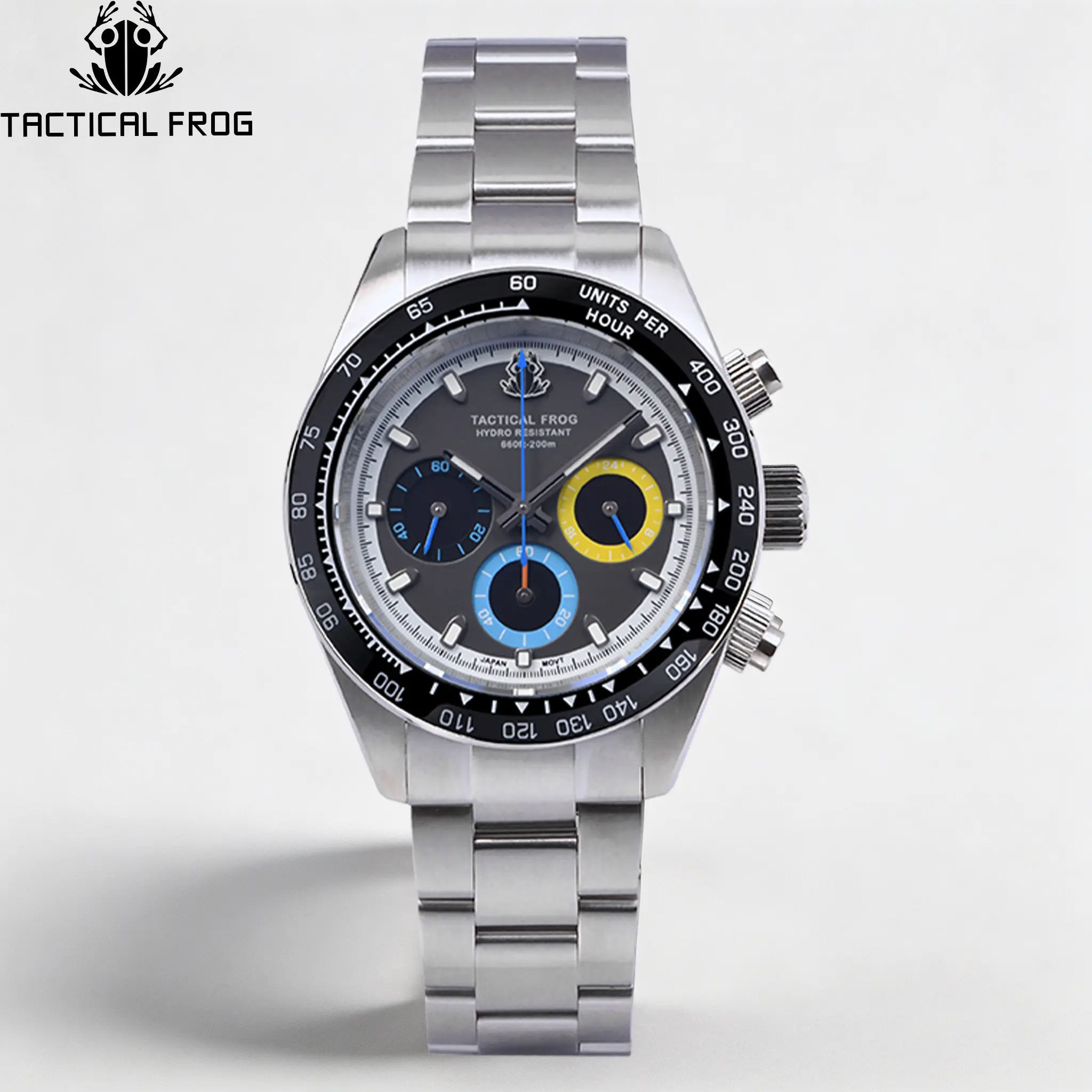 TACTICAL FROG Luxury Men’s 40mm Analog Chronograph Sports Watch - Stainless Steel Metal, 100M-200M Waterproof, C3 Super Luminous, Black Dial, Tachymeter Bezel, Date Window, Masculine Design Quartz Watch for Sports Wear, Masculine Design Quartz Watches soh