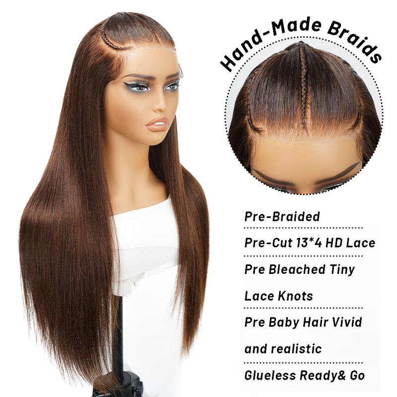 Alipearl Hair Dark Brown 3 Part Pre Braided Human Wig #4 Chocolate Brown Color 13x4 Lace Frontal Wig Straight Stylist Pre Cut Glueless Wig FallFreshness