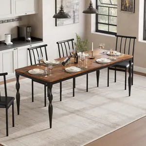 Garvee Rectangular Rustic Style Dining Table for 6 People, 200 cm, Large and Sturdy Base, Perfect for Family Gatherings and Parties, Brown Finish
