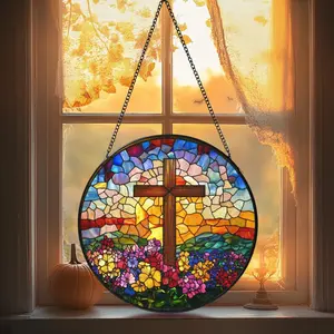Christian Cross Wildflower Acrylic Suncatcher, Christian Window Hanging Ornament, Religious Faith Gift, Floral Cross Sun Catcher Decor for Home Window