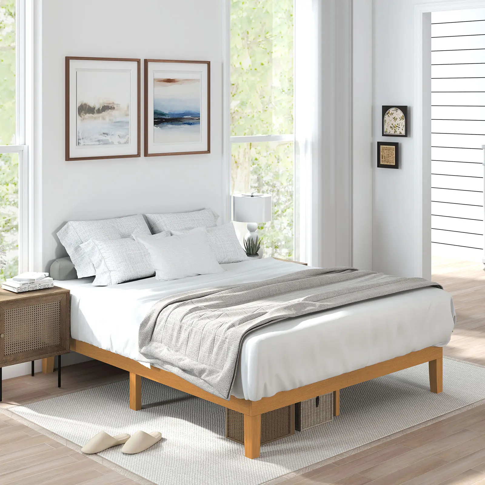 Solid Wood Bed Frame - 12in Natural Pine Platform Base with Wood Slat Support, Stable Bedroom Furniture, King Size, Sturdy Stylish Design, No Box Spring Needed, Easy Assembly, Wood Bed Frames
