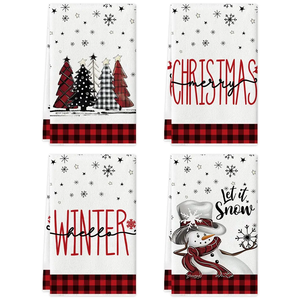 2/4pcs Christmas towels, black and red buffalo checkered snowman Christmas tree kitchen towels, dishwashing towels, Quick Dry Towels, Multipurpose reusable towels, 15.7x23.6-inch Christmas decorative hand towels, multifunctional towels