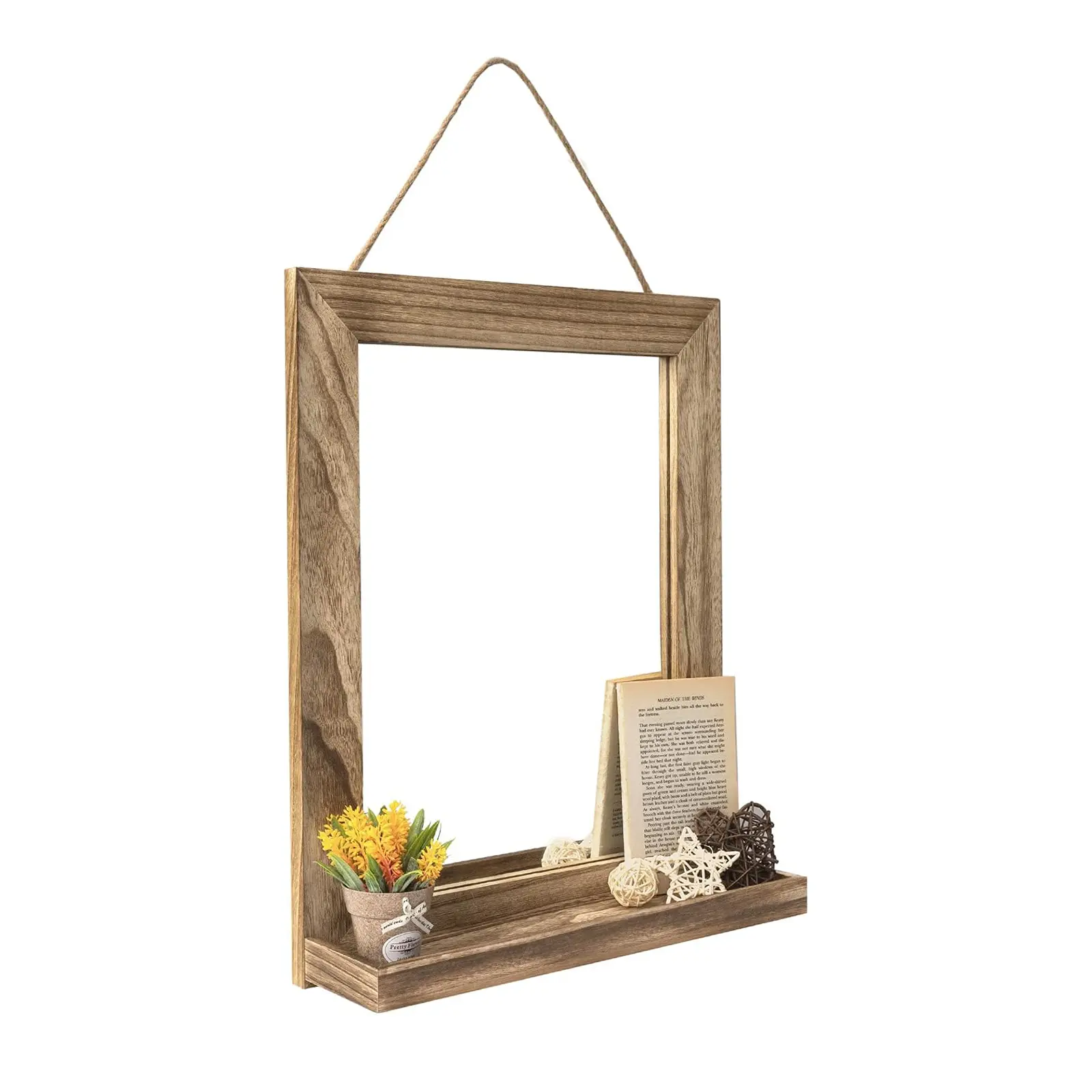 Wall Mirror with Shelf for Bathroom Vanity Bedroom Entryway, Farmhouse Rectangular Hanging Mirror, 20 x 16 Inch Rustic Brown Solid Wood Frame with 16 x 12 HD Glass, 20 x 3.9 Display Shelf, Linen Rope and Metal Hook