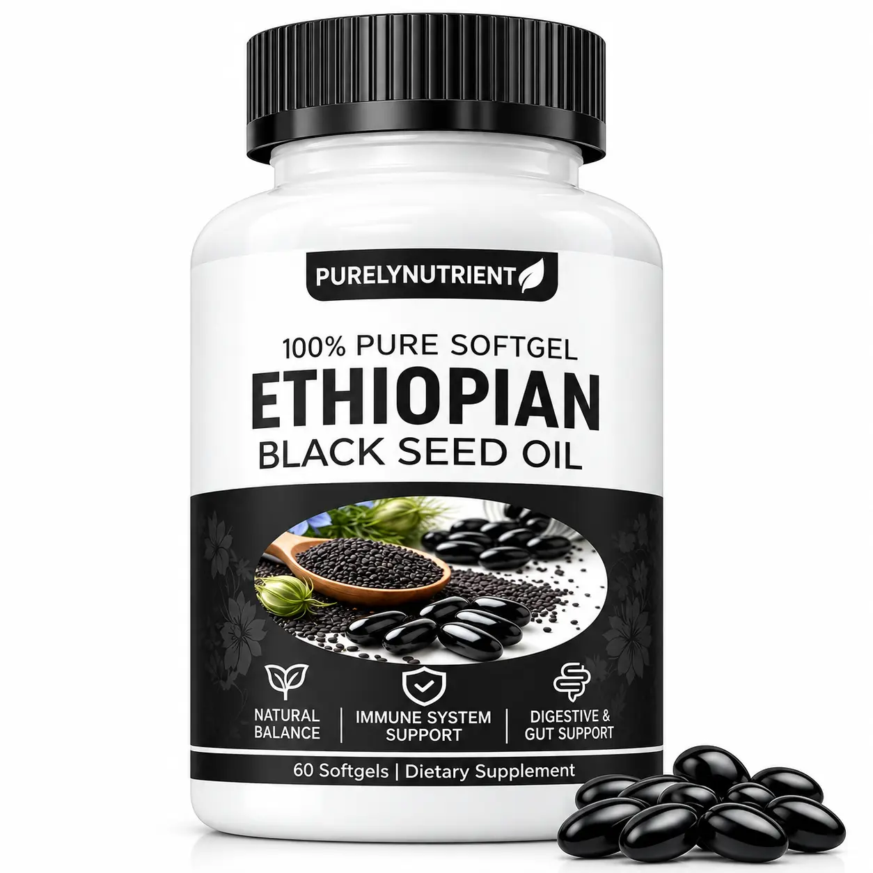 PURELYNUTRIENT Ethiopian Black Seed Oil Healthcare Supplement Softgels, 4.64% Thymoquinone, Immune Support, Digestion Aid, Energy Booster, Gluten-Free, 60 Count