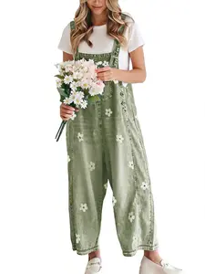 utcoco Women's Floral Printed Adjustable Strap Denim Bib Overall - Cute Chic Wide Leg Baggy Jeans Jumpsuit, Versatile Clothes for Matching Shirts