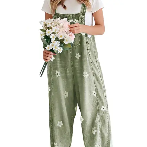 utcoco Women's Lightweight Printed Cotton Denim Crop Bib Overalls - 1-Piece Garment with Cute Floral Print, Buttons, Baggy Wide Leg, Adjustable Straps, Casual Vibe Apparel for Back to School