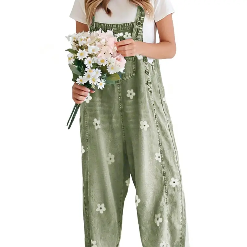utcoco Women's Lightweight Printed Cotton Denim Crop Bib Overalls - 1-Piece Garment with Cute Floral Print, Buttons, Baggy Wide Leg, Adjustable Straps, Casual Vibe Apparel for Back to School,sohochic