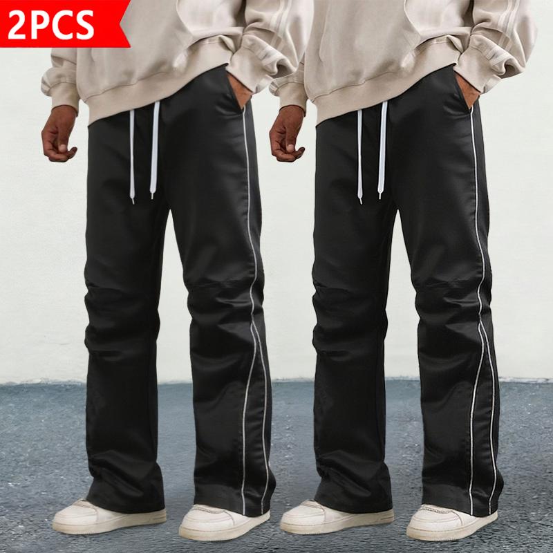 Men's Stacked Track Pants 2-Pack - Streetwear Hip Hop Contrast Piping Wide Leg Pants, Drawstring Waist Casual Baggy Trousers, Lightweight Satin Fabric for Daily Wear, Hip Hop & Street Style. Beige Crewneck Men's Stacked Track Pants 2-Pack - Streetwear Hip Hop Contrast Piping Wide Leg Pants, Drawstring Waist Casual Baggy Trousers, Lightweight Satin Fabric for Daily Wear, Hip Hop & Street Style. Beige Crewneck