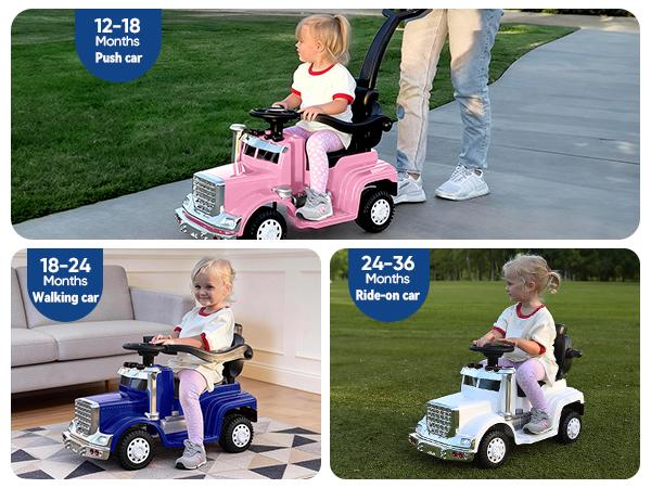 Hikiddo 3 in 1 Toddler Push Car for Boys & Girls Aged 1-3 Pink Retro Vintage Design with Music Player for Indoor Outdoor Use