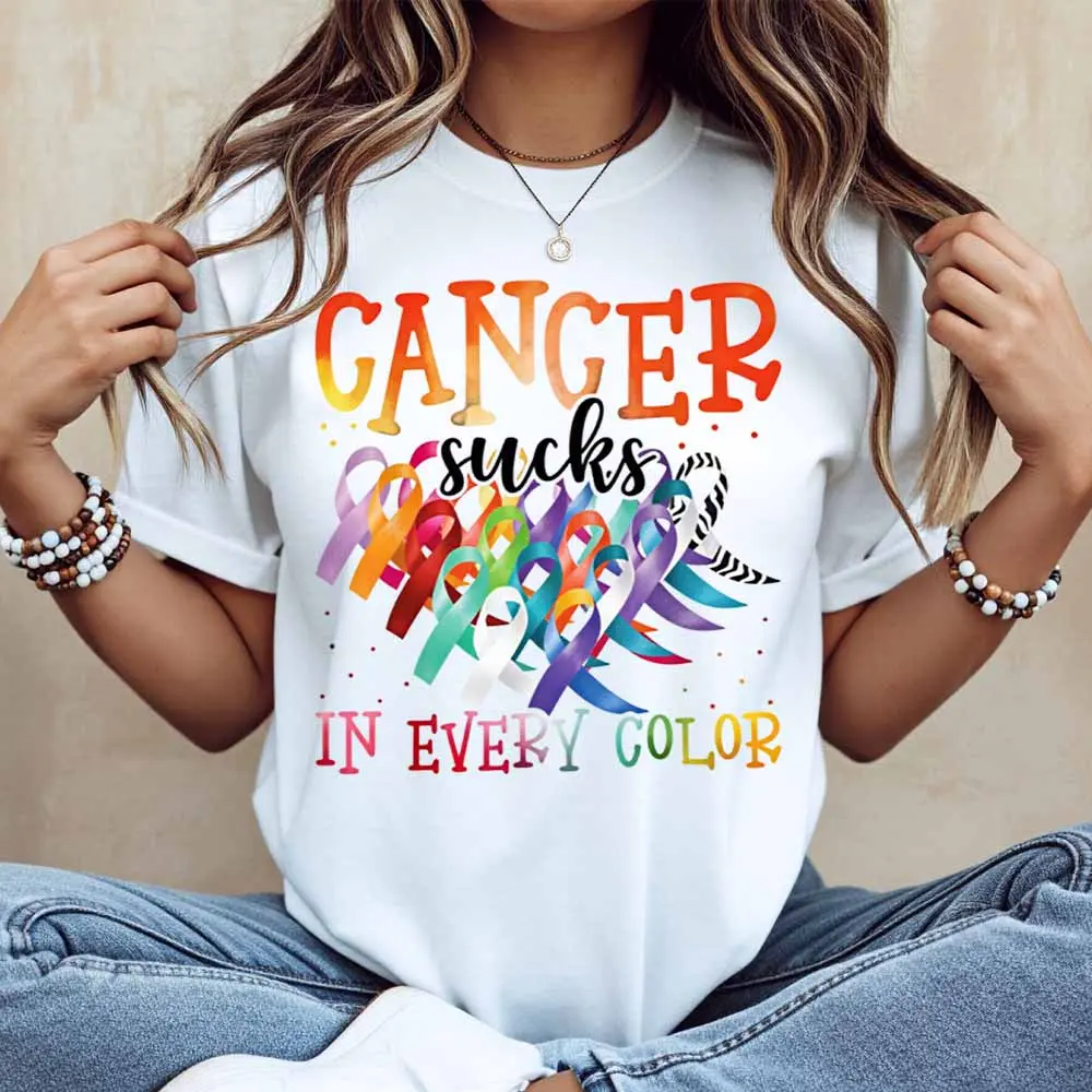 Cancer Sucks In Every Color Ribbon Awareness Print T Shirt Women Casual Short Sleeve Top