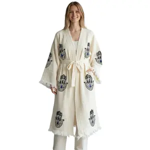 The Pinus Women's Hamsa Kimono Robe with Pockets 100% Cotton Kimono, Robe, Kaftan Womenswear Elegance Gowns Loungewear Nightwear Lady Chic Fit Elegant Long Sleeve Fabric Loose Soft Long sleeves XS- XL Valentine’s Day Gift