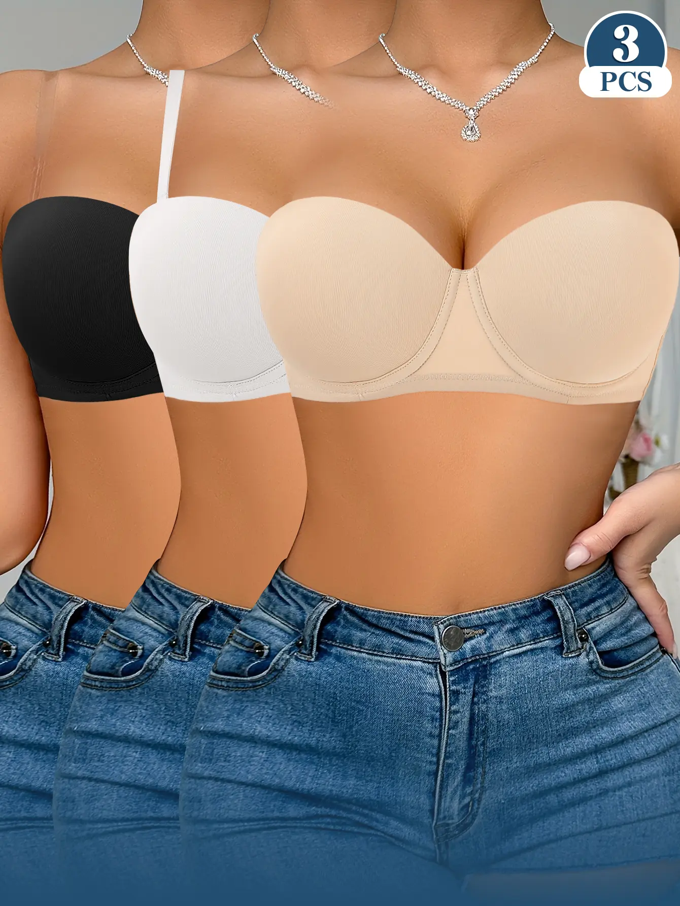Ecomilky Women's 3-Pack Nylon Off-the-shoulder wrap top Bra, Wireless Half Cup Lingerie - Strapless bra push up, Bra Set