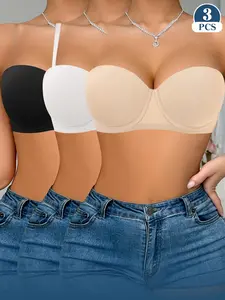 Ecomilky Women's 3-Pack Basic Fit Chic Lady Bra Set - Comfortable Wireless Push-Up Bra with Removable/Adjustable Straps, Off-The-Shoulder Strapless Wrap Top for Bridal Everyday Lingerie