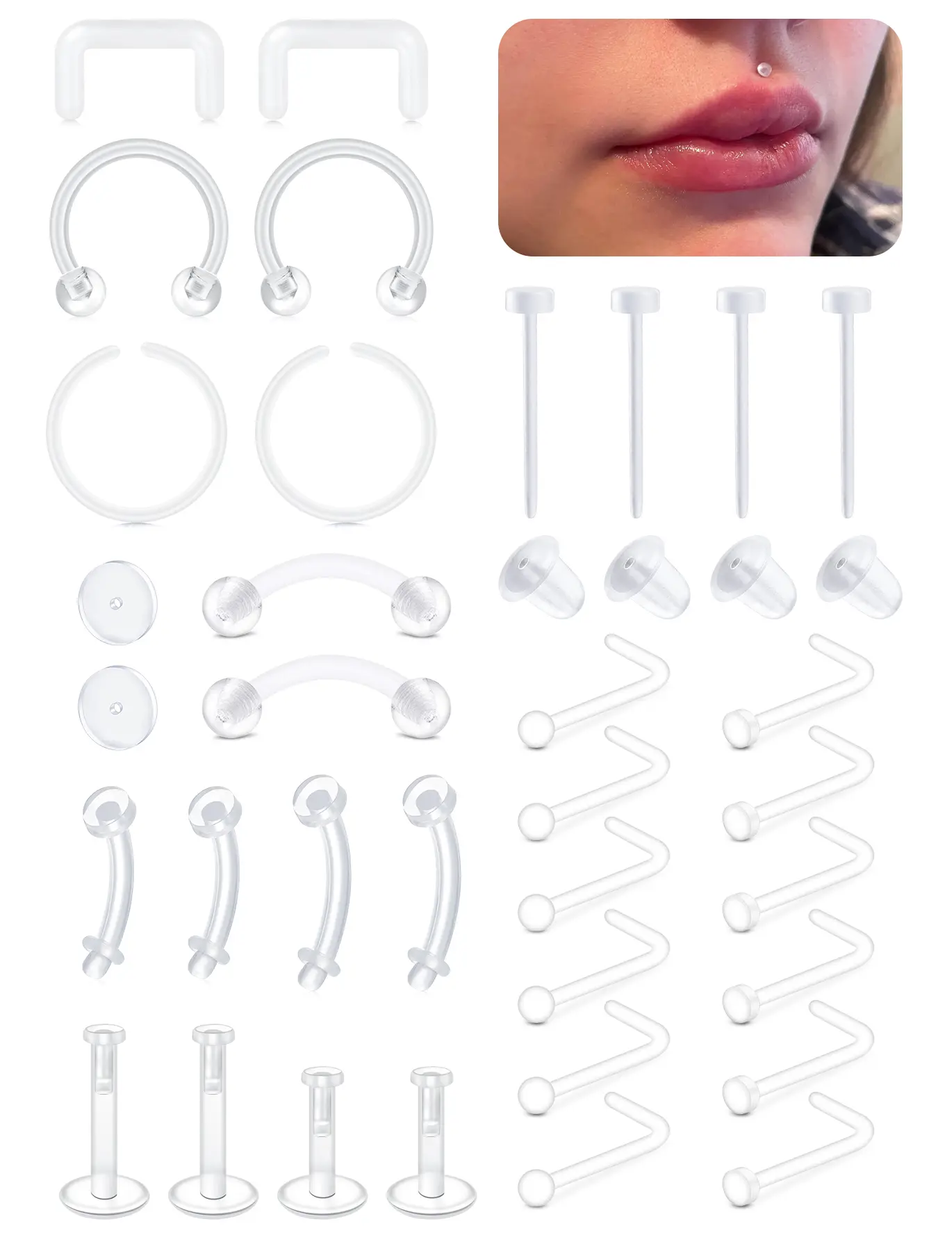Plastic Piercing Retainers for Surgery Clear Piercing Jewelry Bioflex Belly Button Rings for Sport School Clear Pierced Nose Studs for Work Invisible Earrings Plastic Cartilage Rook Lip Septum Retainer Body Piercings