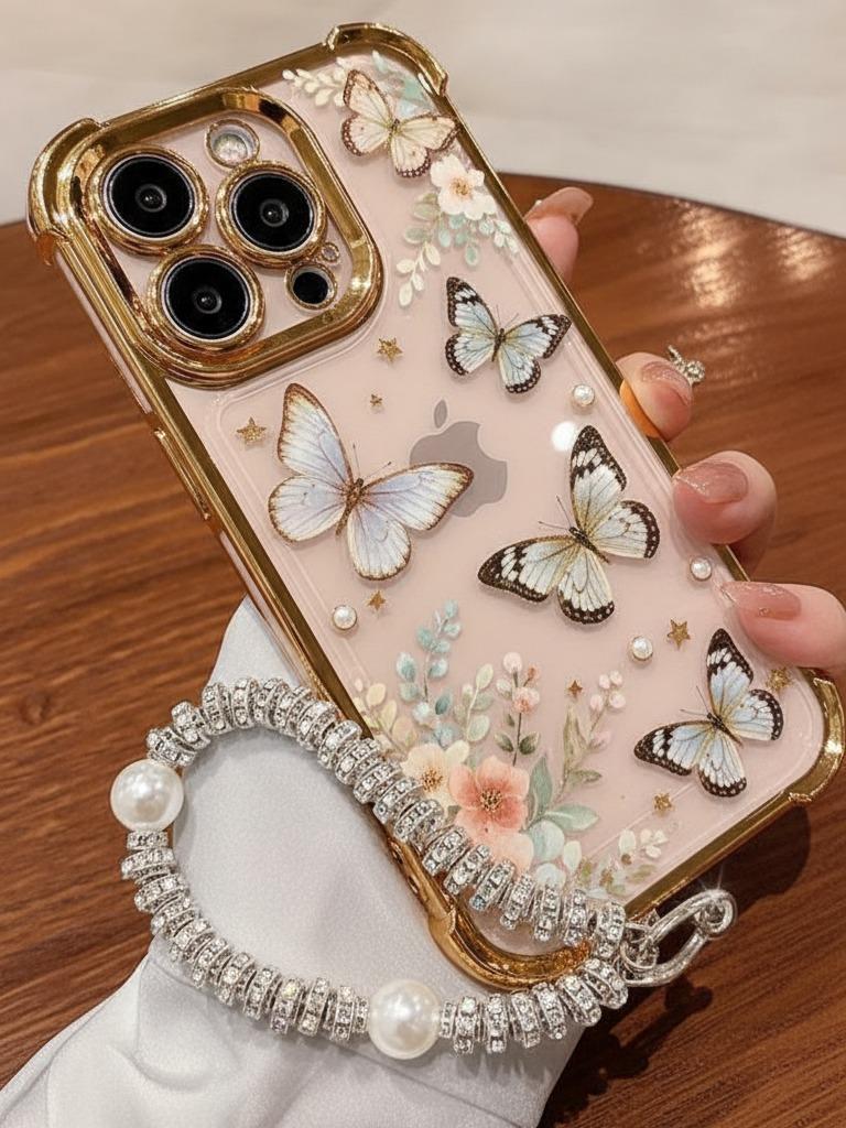 Five Butterflies Pattern Women's Phone Case for iPhone 11/12/13/14/15/16/17 Pro Max, Pink Chrome Alloy Frame Reinforced Corner Protection Protective Phone Cover