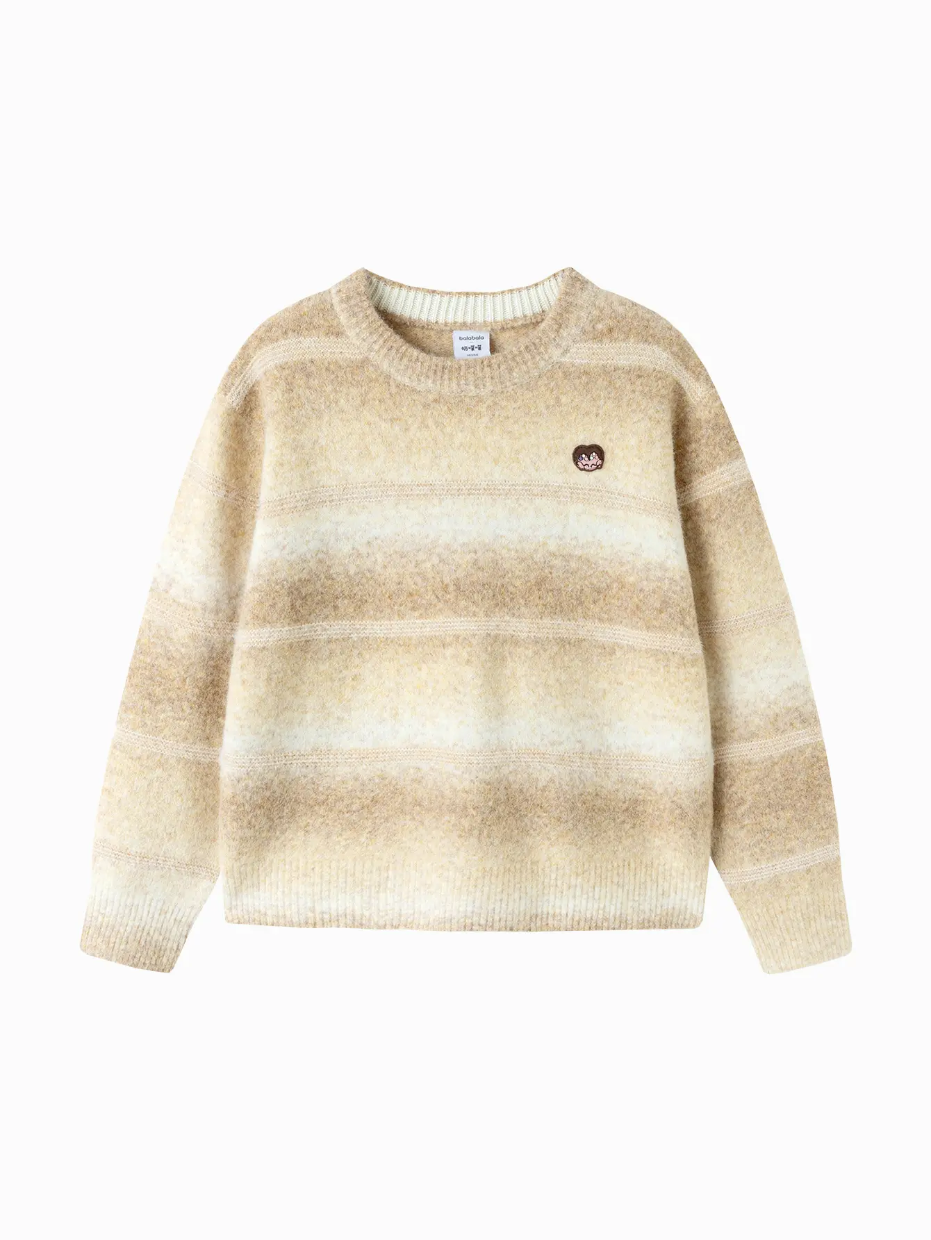 Balabala Girls' Relaxed-Fitting Long Sleeve Shirt - Acrylic-Wool Blended Yarn Gradient Stripe Knit Top, Embroidered Chest, Drop Shoulder, Rib Detailing, Medium Length, Cute Style, Size 10-11 Years