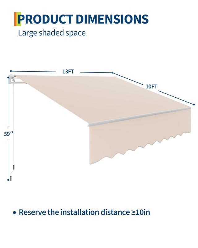 GAOMON 13 ft x10 ft Manual Retractable Awning, Waterproof Sun Shade Patio Awning, Heavy Duty Aluminum Frame, 280 g Polyester Fabric, Adjustable Roll Out Awning for House, for Deck, Porch, Beige