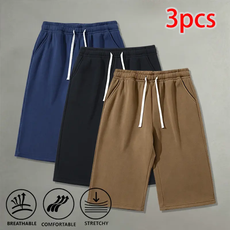 Men's 3-Pack Plain Jogger Sweat Shorts - Baggy Wide Leg, Stretchy, Breathable, Elastic Band Waistband with Drawstring, Athletic Menswear - Suitable for Daily Wear, Gym (Brown, Black, Light Gray)