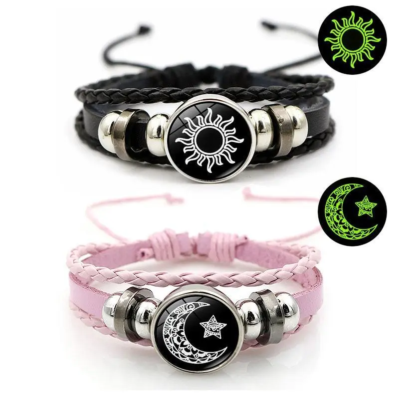 Leather Braided Bracelet for Couples, Vintage Punk Multi-Layer Beaded Handmade Jewelry with Glow-in-the-Dark Sun & Moon Charms, Jewelry Bracelet, Faux Leather Bracelet