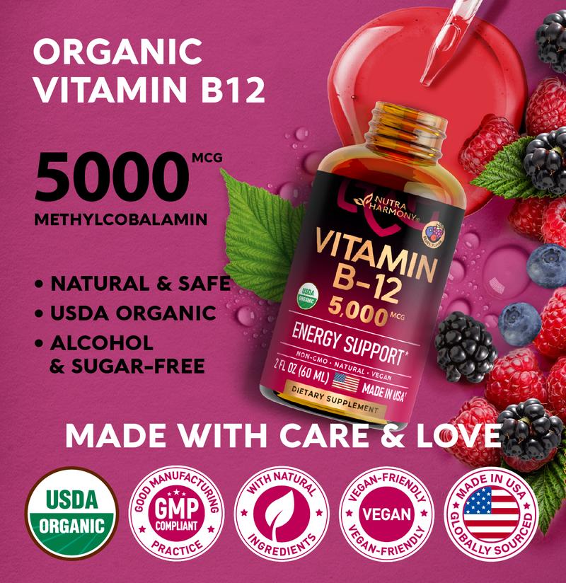 USDA Organic Vitamin B12 Sublingual Drops - 5000 mcg Liquid Vegan Methylcobalamin - Maximize Absorption - 2 Month Supply, 2 fl oz vitamin supplements USDA Organic Vitamin B12 Sublingual Drops - 5000 mcg Liquid Vegan Methylcobalamin - Maximize Absorption - 2 Month Supply, 2 fl oz vitamin supplements