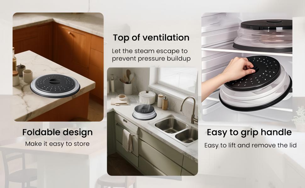 LMMAKE Upgrade Collapsible Microwave Lid 10.5 Inches Vented Folding Plate Cover Grey Silicone Handle BPA Free PP Material Multifunctional Kitchen Tool for Easy Heating and Produce Cleaning Hanging Utensils