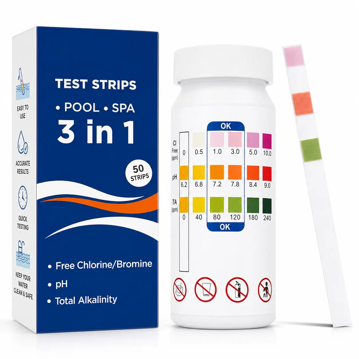 Pool Test Strips - 3-in-1 Pool Water Testing Kit for Chlorine/Bromine, pH, Alkalinity - Easy and Accurate Hot Tub Test Strips for Swimming Pools & Spas - 50 Strips