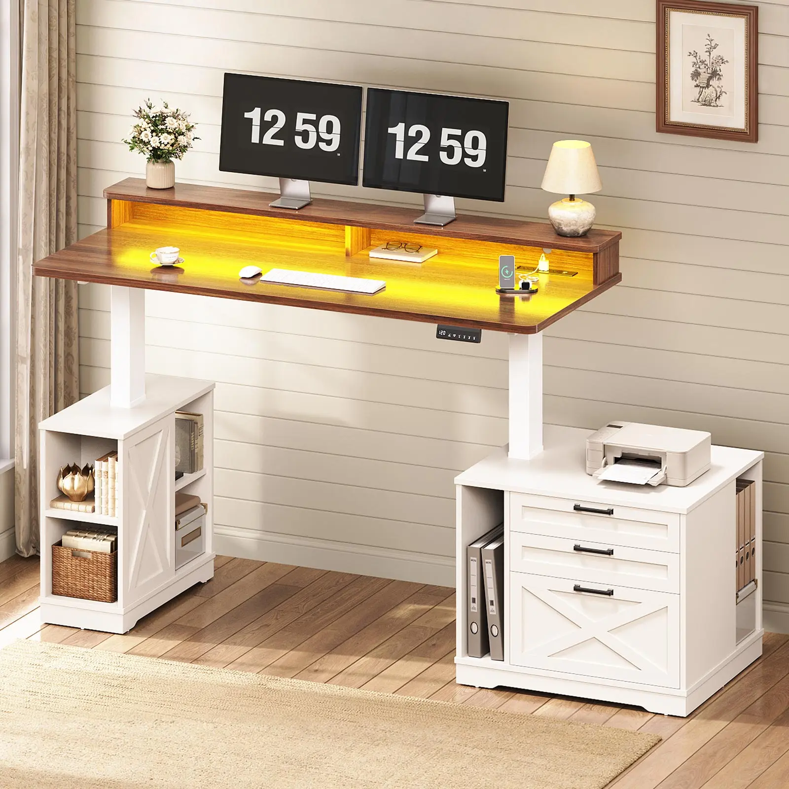 Sedeta Farmhouse 55" Height-Adjustable Electric Standing Desk - Solid Wood, Steel Frame, 4-Outlet + 2-USB Power Strip, Drawers, File Cabinet, Storage Shelves, LED Display, 200 lbs Capacity Durable Office Furniture for Home Work, Study, 55" X 23.6", Assemb