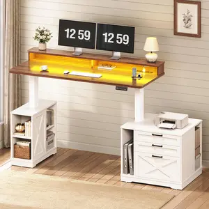 SEDETA Farmhouse Electric Standing Desk, 55" Height Adjustable Computer Desk with 3 Drawers, File Cabinet, Storage Shelves, Power Outlets, Wood Home Office Desk for Work, Study, Writing