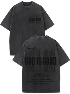 Men's God Is Good All The Time T-Shirt - Heavyweight 230g Washed Cotton Verse Tee with Psalms 23:1 & Romans 10:15 Print, Distressed Drop Shoulder Casual Church Wear, Loose Fit Short Sleeve Gift Apparel