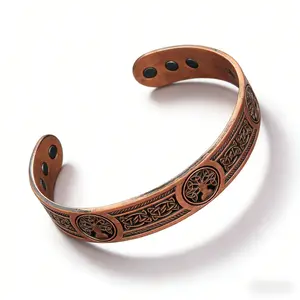 Vintage brass men's bracelet with a life tree pattern engraved; open design with adjustable size; couple jewelry with a simple retro design; Valentine's gift.