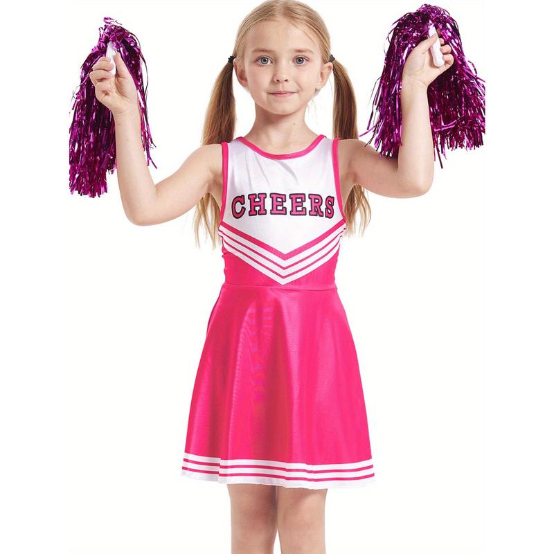 Plus Size Flyer Cheer Children'S Cheerleading Uniform Set, Kindergarten Girls' Cheerleading Uniforms, Stage Performance And Campus Cheerleading Uniforms, Including Socks And Pom-Poms, Ideal For Outdoor Activities