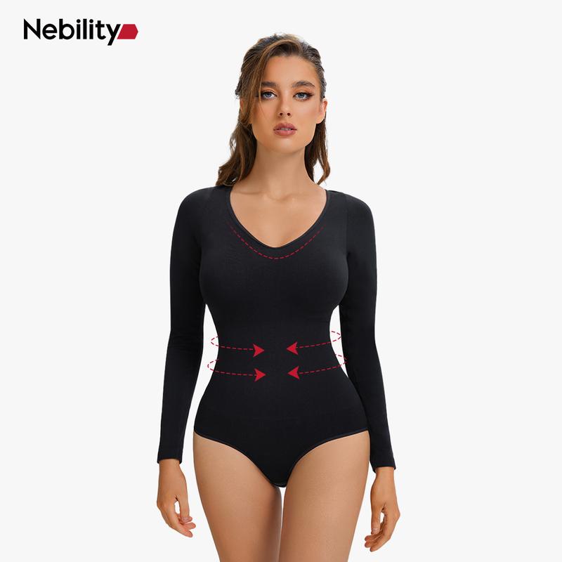 Nebility Women's Seamless Bodycon Dress with Tummy Control Butt Lifting V-Neck Long Sleeve Jumpsuit for Women Shapewear One Piece Basic Black+Black Compression Womenswear