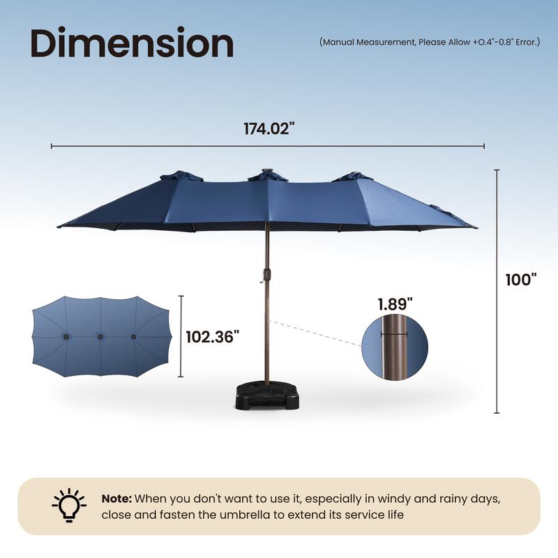 【Rainbow Lighted Umbrella & Table】Ovios 15ft Double-Sided Patio Umbrella with Solar Lights & Umbrella Hold Table, Outdoor Large Umbrellas with Crank Handle and 36 LED Lights, Rectangular Market Umbrella with Base Included for Deck Pool Shade