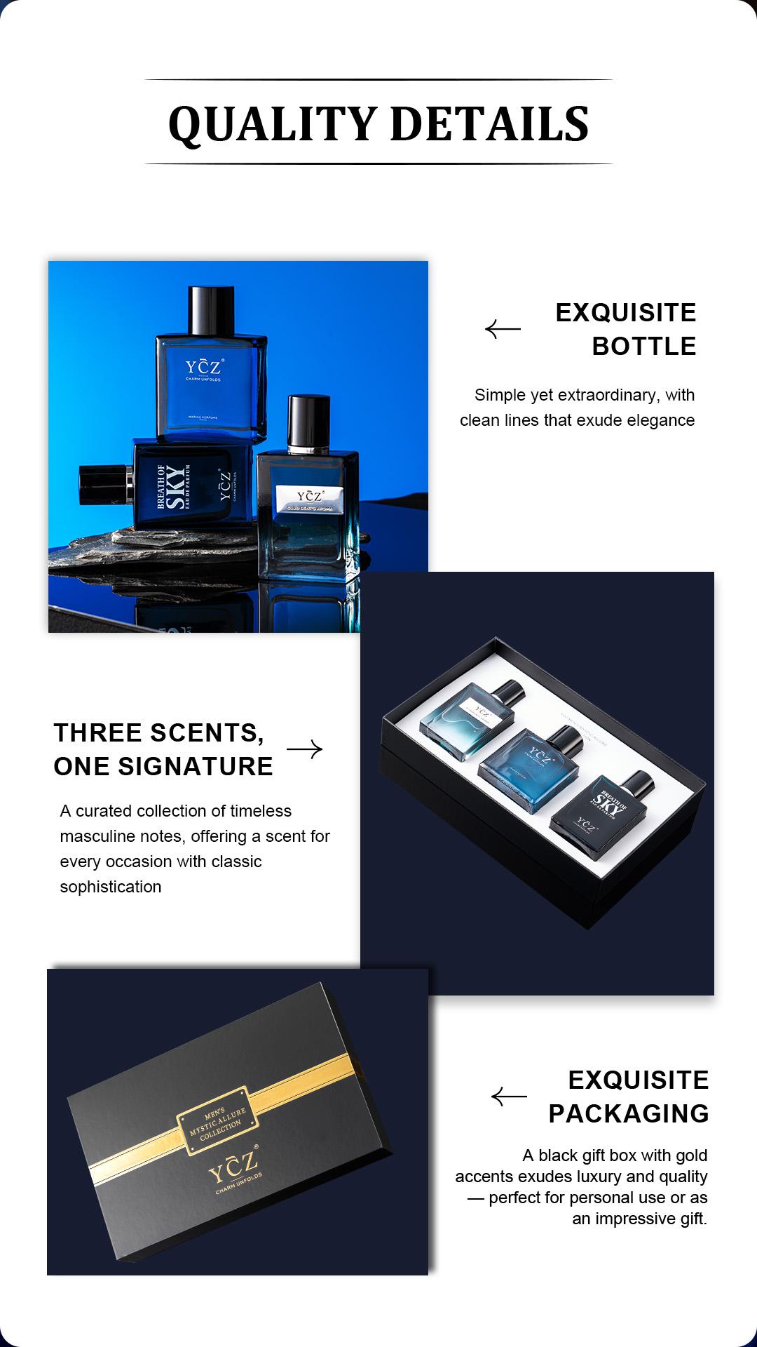 YCZ Men's Mystic Allure Collection Fragrance Set YCZ Marine Eau De Cologne Club Cologne Breath of Sky Cologne Fruity Rose Amber Notes Gift Box Packaging Long Lasting Light Scent Masterpiece Trio Signature Scents