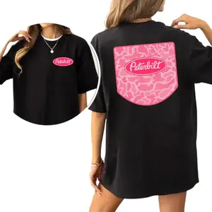 Peterbilt Pink Camo Pocket T-Shirt – Women's Oversized Black Tee with Hot Pink Pocket Print and Peterbilt Logo, Trendy Streetwear for Female Diesel Truck Fans