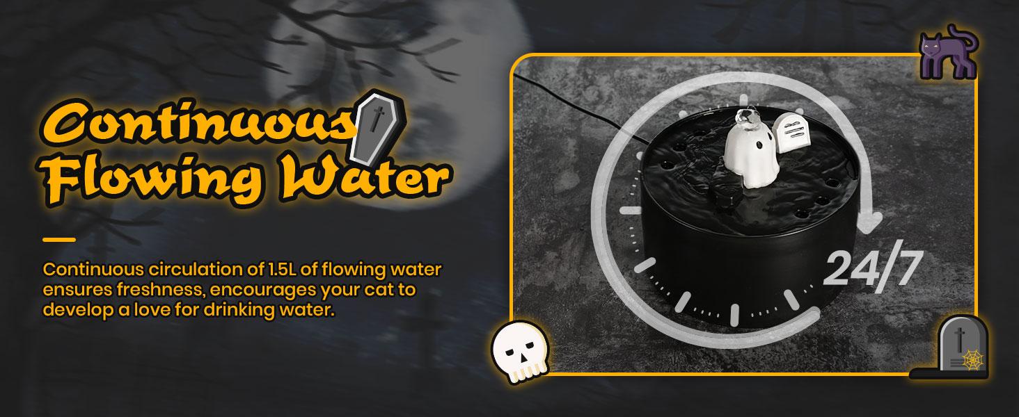 Happy & Polly 50oz/1.5L Ceramic Gothic Ghost Cat Spooky Drinking Water Fountain, Food-Grade Pet Fountain Large for Kittens and Puppies, USB Powered