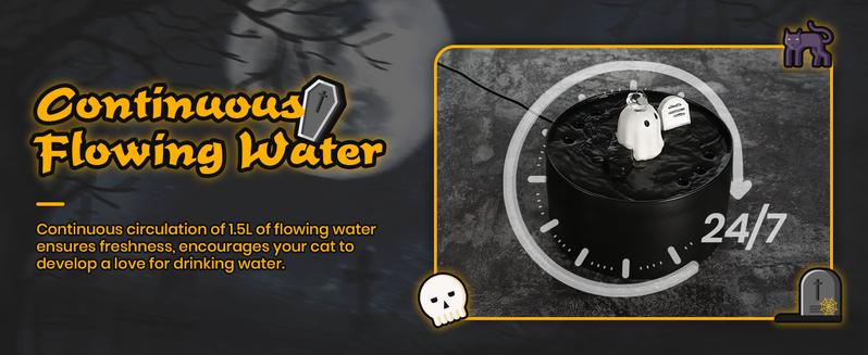 Happy & Polly 50oz/1.5L Ceramic Gothic Ghost Cat Spooky Drinking Water Fountain, Food-Grade Pet Fountain Large for Kittens and Puppies, USB Powered