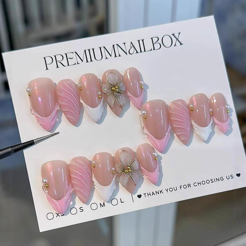 3D Pink Almond Press On Nails | Medium French Tip Fake Nails w/ Embossed Flower & Gold Bead Designs | Glossy Finish  False Nails (30Pcs, Multi Sizes) - Manicure Kit w/ Glue Tabs Luxury Reusable