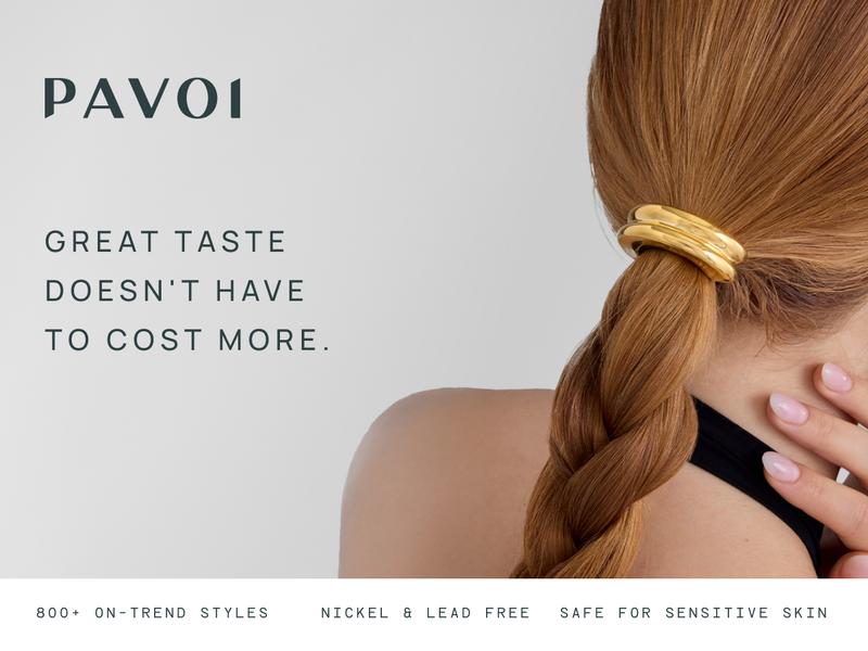 PAVOI Waterproof Chunky Metal Hair Band Ponytail Holders for Women - 14K Gold Plated Stainless Steel Statement Cuff Fashion Accessories - Stretchy Gold Hair Ties