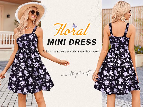 Women's Summer Dress Floral Square Neck Sleeveless Casual Dress with Pockets A-line Swing Mini Dresses Sundress