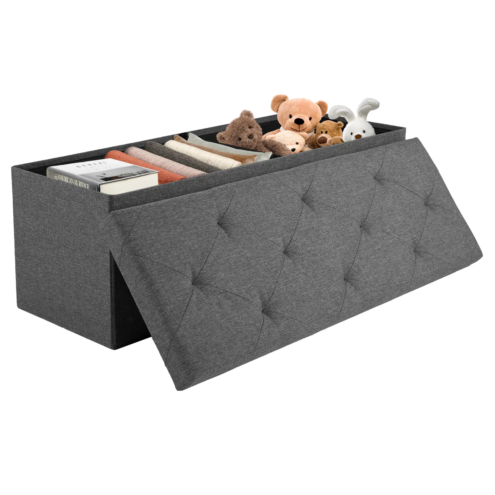 Modern Linen Fabric Folding Storage Ottoman Bench with Padded Seat, Large Toy Box for Entryway, End of Bed, Comfortable & Durable Multifunctional Seater