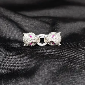 Dual Panther Head Silver Ring with Pink Eyes