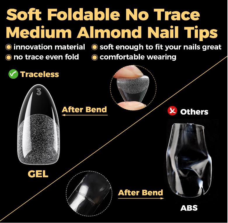 UNA GELLA Almond Gel Nail Tips 600 Pcs Pre Etched Medium Almond Shaped Nails Full Cover Press On Nails 12 Sizes Clear Fake Soft Gel Tips for Flat & Curved Nail Bed Extension Home DIY Salon