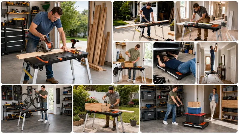 TLGREEN 7-in-1 Shape Shift Space-Saving Flexible Super-Flexible Rolling Base Work Table - Compact Fold, Flat-Folding, Lockable Wheels, Portable Sawhorse, Garage Scaffold Platform Tool Bench