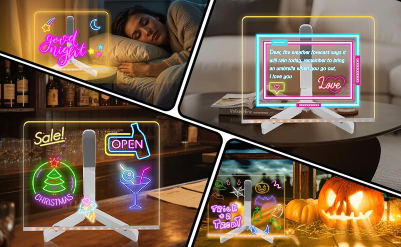 LED Note Board, Drawing board with Led Light, Drawing board, Clear Light up Dry Erase Board with Stand Glow Memo LED Letter Rewritable Message Board with 7 Color Markers