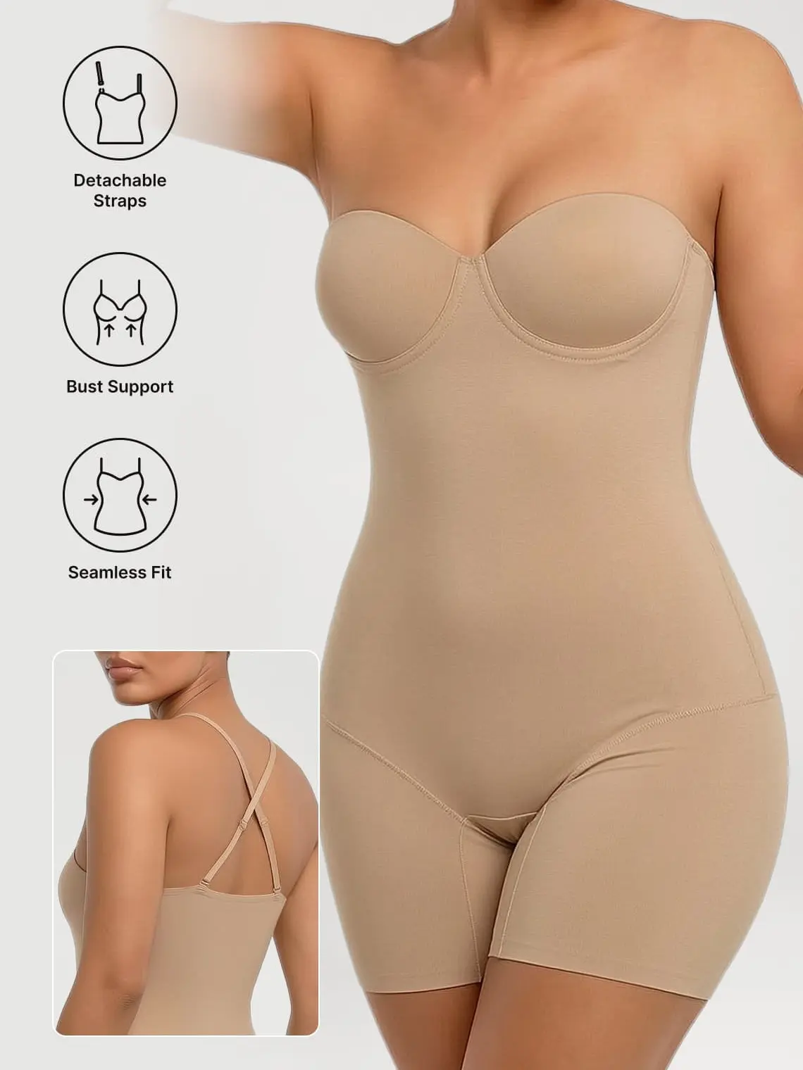 Azazie Cooling Strapless Underwire Molded Cup Bodysuit Shaper, Seamless Anti-Slip Mid-Thigh Multiway for Wedding Bridal Banquet Photoshoot, Nylon Blend