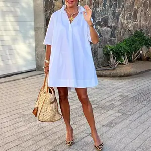 Women's Fashion New Urban Casual Loose White Five-Sleeve A-Line Shirt Dress Plus Size