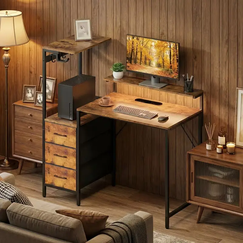HLFURNITURE Gaming Desk with LED Ambient Lighting, Home Office Computer Desk, Compact Study Desk with Storage Drawers and Shelves leather Bamboo