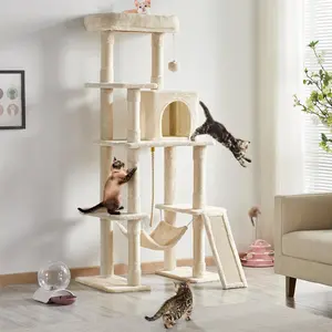 63-Inch Multi-Story Cat Tree Tower – With Natural Sisal Scratching Posts, Extended Platform & Hammock, Large Cat Climbing Tower for Feline Play & Rest