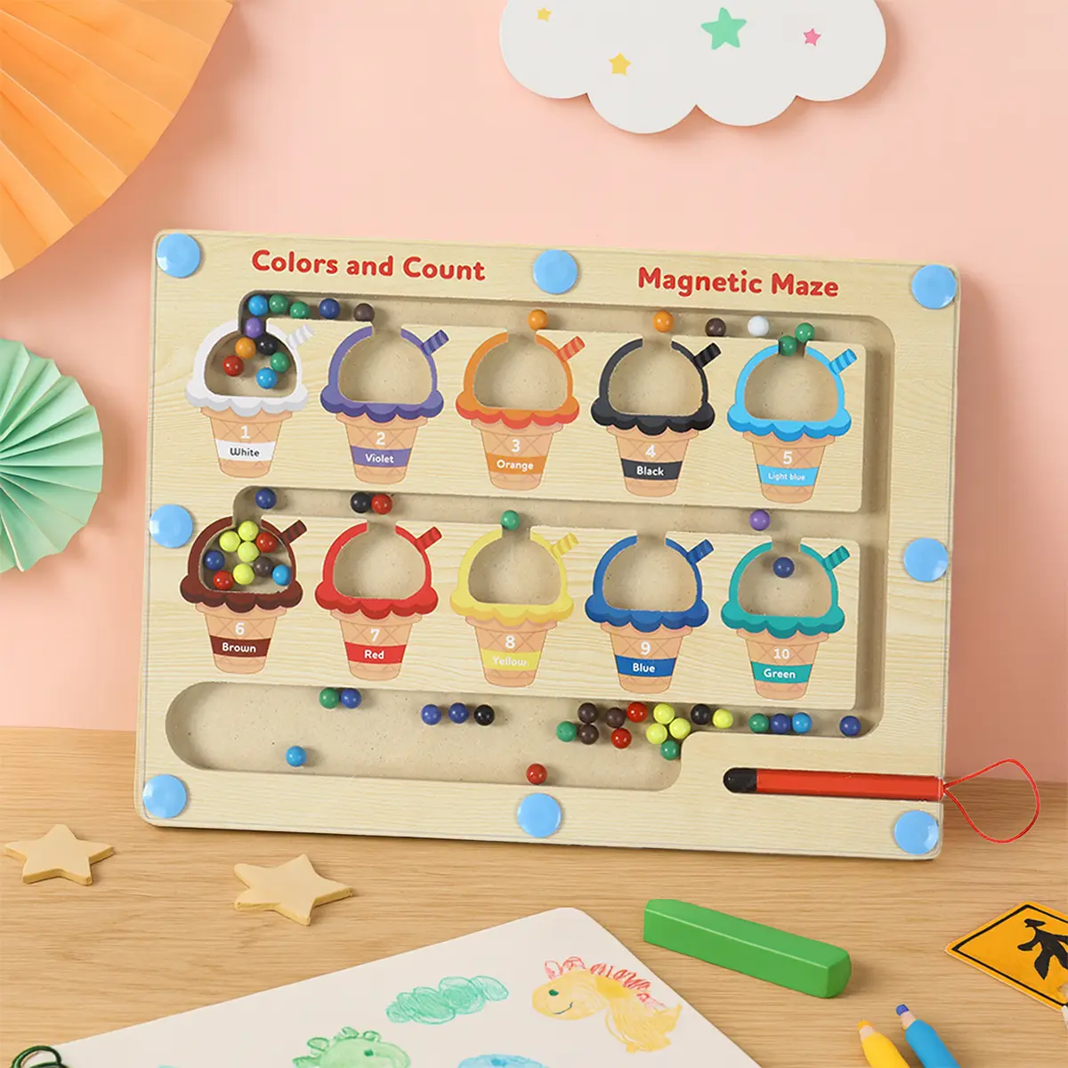 Wooden Magnetic Color & Number Maze Kit - Sturdy Hardwood Montessori Learning Toy, 11.7"x10.3" Magnet Ball Puzzle, 3-4 Years Color Sorting Busy Board Game, Preschool Activity Kids' Gift